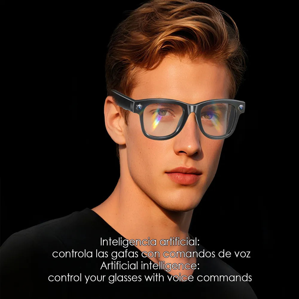 Perfecto. A pGafas Inteligentes Q6 con Lentes Graduadas GRATIS -  con Cámara 8 MP, Traductor IA, Asistente de Voz y Bluetooth - Negro Transparente