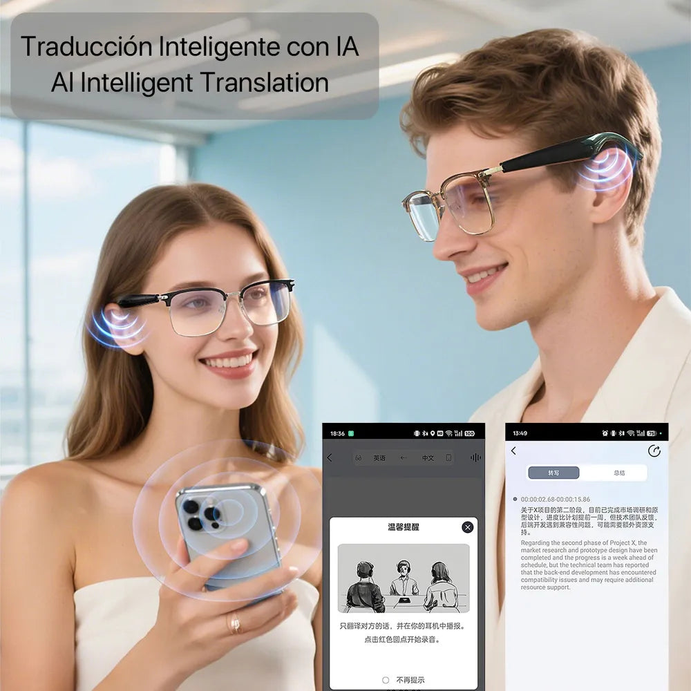 Gafas Inteligentes AI GY-600 con Lentes Graduadas GRATIS - con Traducción en Más de 100 Idiomas, Asistente Inteligente AI, Bluetooth y Reproducción de Música
